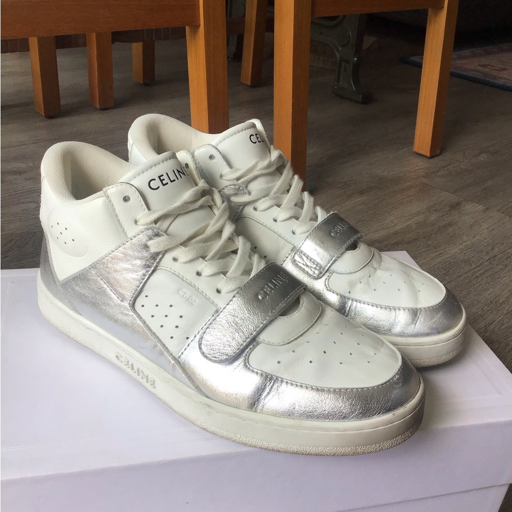 Celine Metallic Silver and White Sneakers